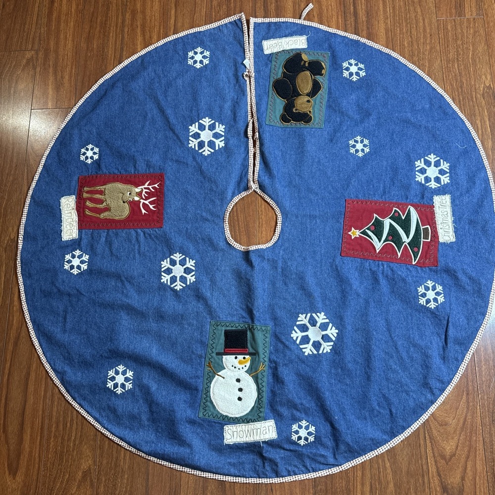 Vintage‎ Denim Christmas Tree Skirt Hunters Western Lined Plaid Tie